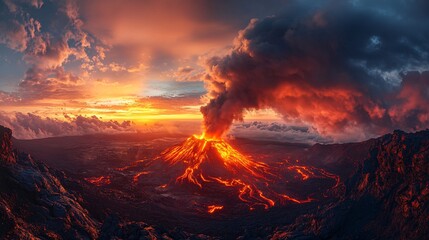 Majestic Sunset Over Volcanic Island with Glowing Lava and Dark Smoke - A Fiery Scene of Nature's Power