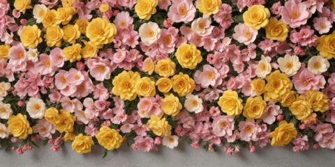 Artificial flowers wall in a vintage style with soft pink and yellow hues,  room setting,  floral design