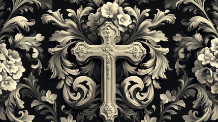 Seamless Gothic-inspired motif with ornate crosses and abstract floral elements intertwined.