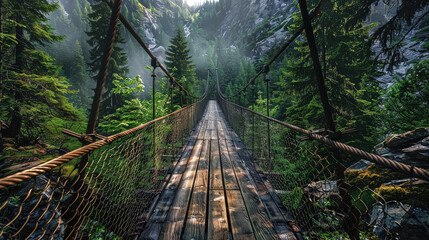 Bridge over a forest with a view of the mountains.