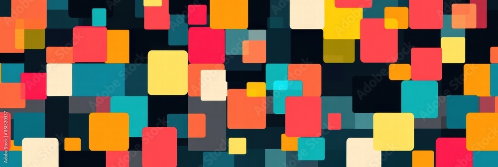 Poster seamless pixel art pattern featuring colorful geometric shapes in vibrant hues on a dark background.