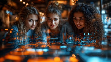 Three young women intently studying a futuristic interactive display.