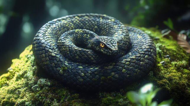 Snake curled in perfect spiral on moss-covered rock, its eyes gleaming in the shadows.