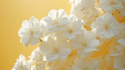 Spring creative layout with white flowers on bright yellow background. 80s, 90s retro romantic aesthetic bloom concept. Minimal fashion idea.