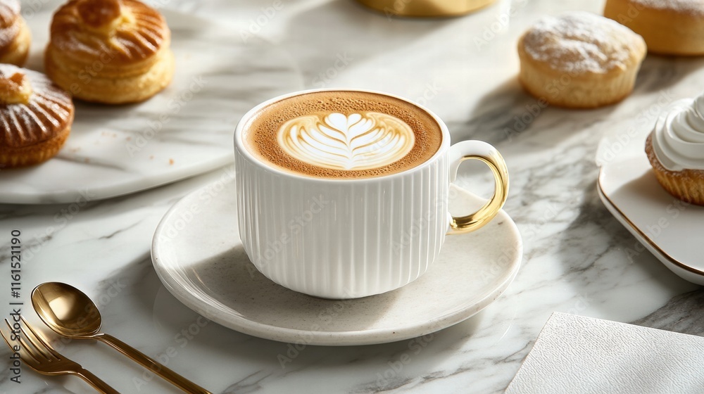 Poster premium latte art served in an elegant cup with pastries on a marble table in a cozy cafe setting. g
