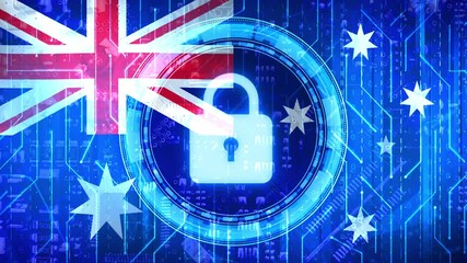 Cyber Security 4k animation in blue color with waving Australian flag and glowing lock in the center.. - Powered by Adobe