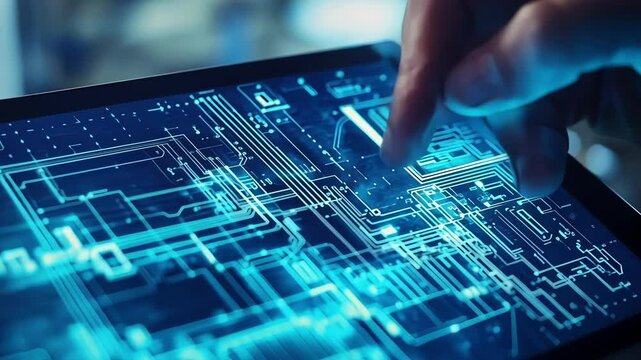 A detailed shot of a hand holding a tablet displaying a factory floor layout overlaid with augmented reality elements that indicate workflow improvements.