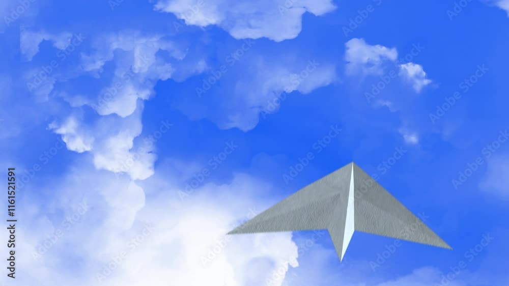 Wall mural paper airplane forward through the clouds 4k loop features a view of flying through a blue cloudy sk
