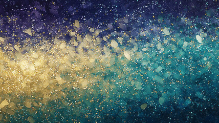 Obraz premium A glittering pattern of layered brushstrokes in midnight blue, shimmering emerald, topaz gold, and sparkling lavender