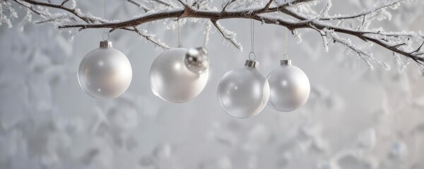 Fototapeta premium Delicate glass ornaments suspended from a frosted white branch, vases, frosty