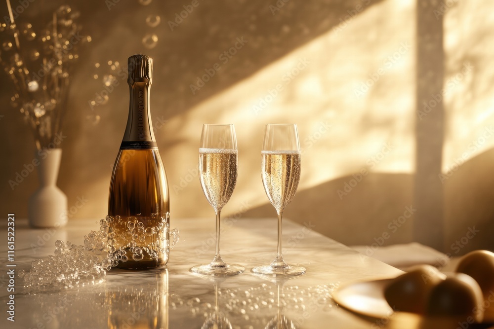 Aufkleber elegant champagne bottle paired with crystal flutes set on a marble table in warm afternoon light. g
