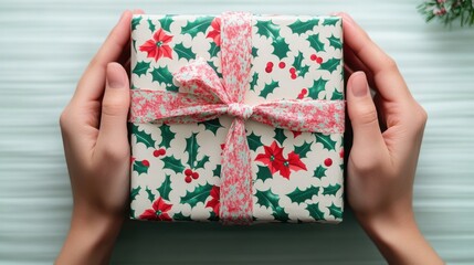 A beautifully wrapped holiday gift surrounded by festive decorations, perfect for celebrating the season of giving.