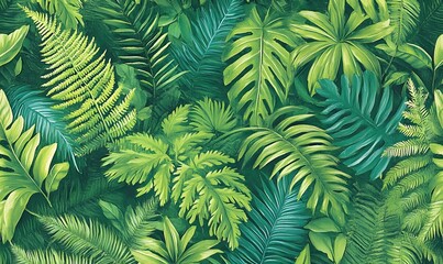 Lush green tropical foliage seamless pattern.