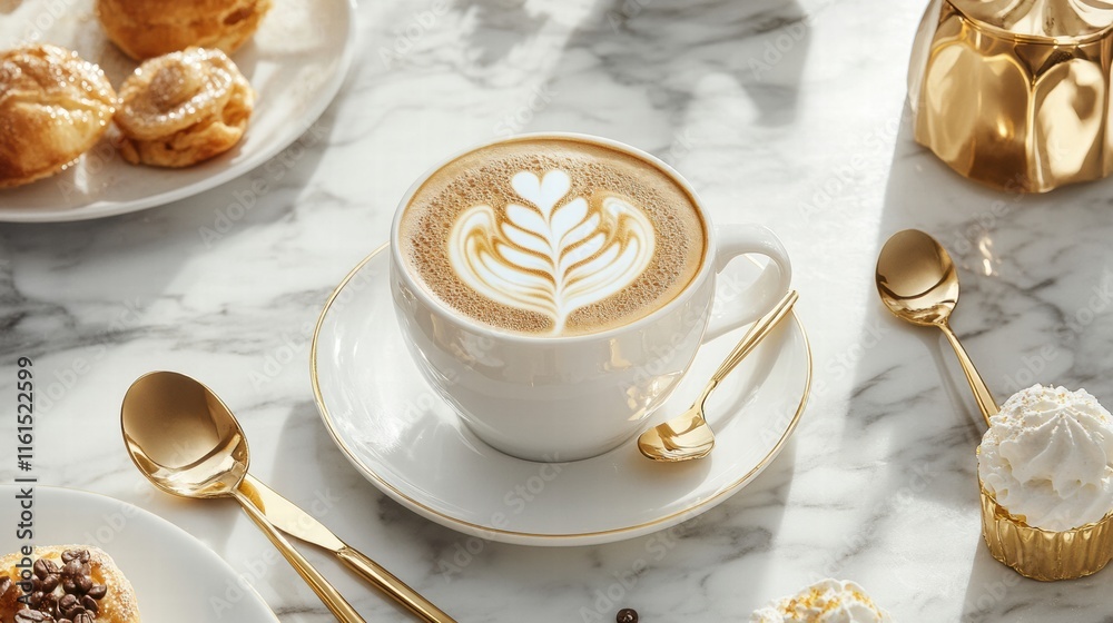 Aufkleber intricate latte art on premium coffee served with pastries in an elegant cafe setting. generative ai