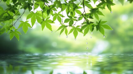 Obraz premium Vibrant green leaves cascading down from a tree branch, framing a serene background.