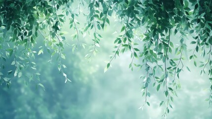Vibrant green leaves cascading down from a tree branch, framing a serene background.