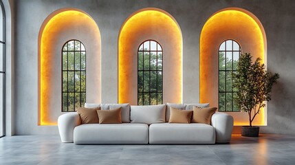 Modern living room with arched windows, illuminated alcoves, and a white sofa.