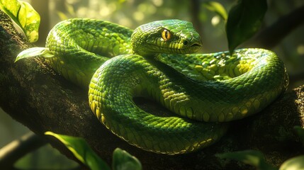 Fototapeta premium Vibrant green snake coiled around a tree branch, with sunlight filtering through leaves.
