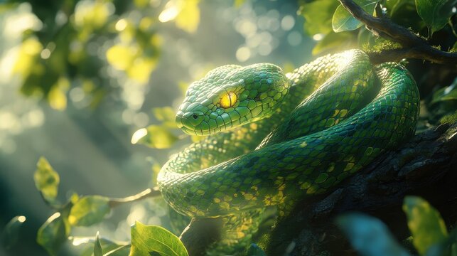 Vibrant green snake coiled around a tree branch, with sunlight filtering through leaves.