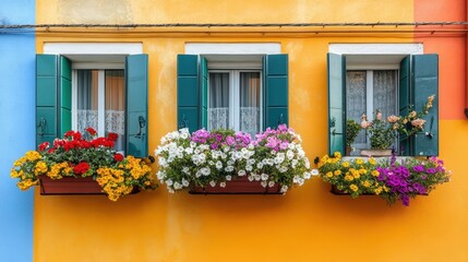 View of colorful houses with vibrant windows and flower boxes, Burano
