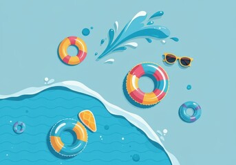 Naklejka premium Colorful pool floats and sunglasses by a refreshing blue pool