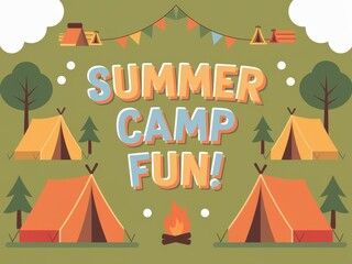Summer camp fun with colorful tents and a cozy campfire