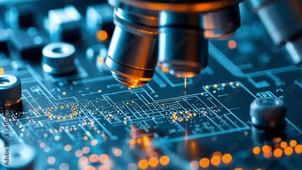 Poster an intricate microfluidic chip with aidriven sensors positioned under a microscope lens with glowing