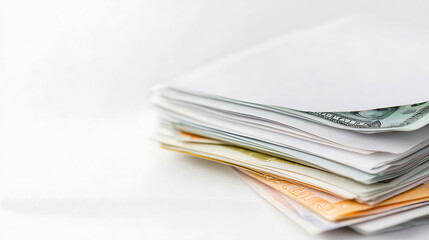 Stack of bank deposit slips and cash on white background, symbolizing finance and transactions