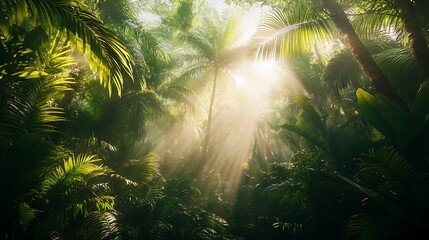 Naklejka premium Sunbeams Illuminate Lush Tropical Rainforest Canopy