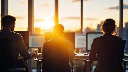 Team of professionals working at computers during sunset in a modern office setting