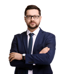 Portrait of banker in glasses on white background