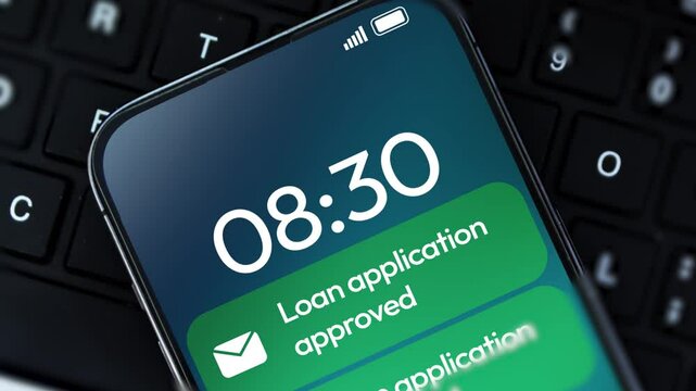 Loan application approved notification appearing on a smartphone screen, 4k animation