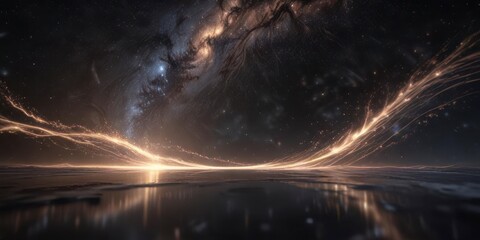 Fototapeta premium Ethereal energy waves dance across a dark canvas of twinkling stars, glow, cosmic movement
