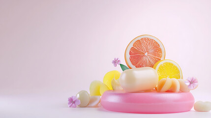 Fresh citrus fruits and colorful soap bars create vibrant display. arrangement features grapefruit, lemon, and decorative elements, evoking sense
