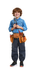 Little boy with tool belt and adjustable pliers on white background. Dreaming about future profession