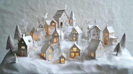 Naklejka premium winter village made of paper. Paper winter landscape.