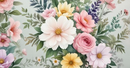 Floral watercolor painting with mixed flowers in pastel shades, watercolor floral,  garden inspiration