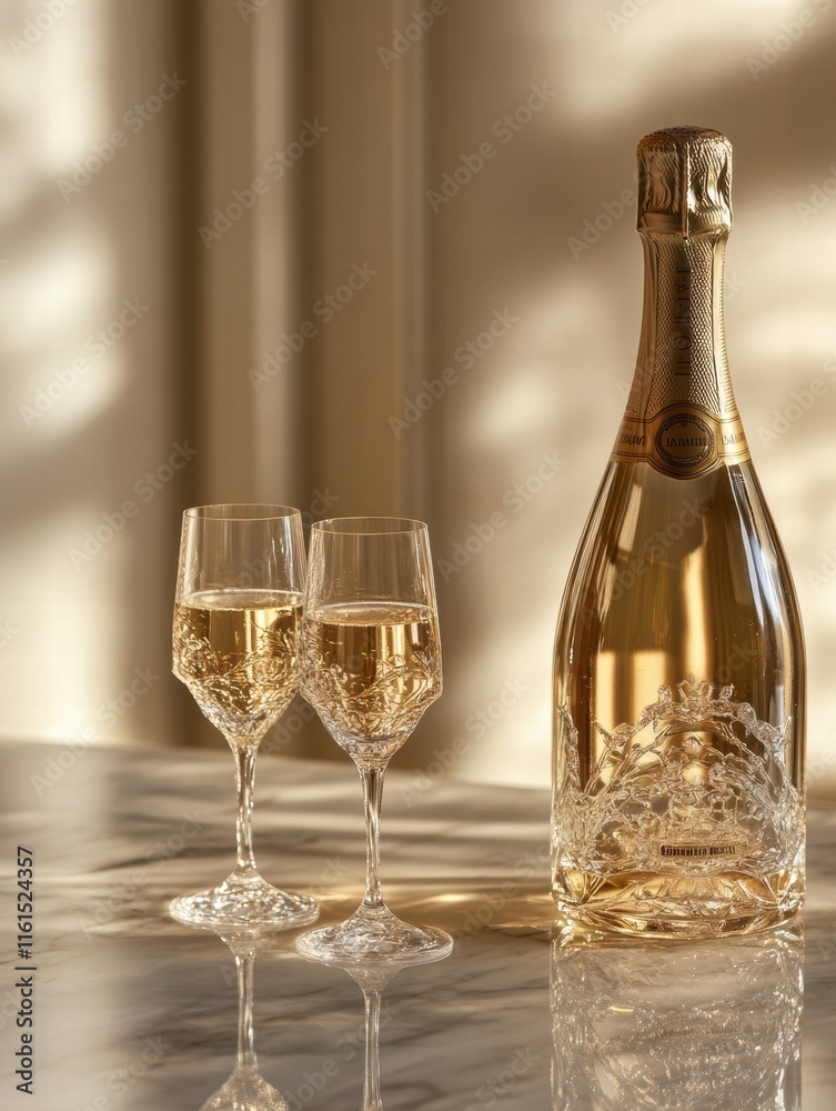 Poster Elegant champagne bottle with crystal flutes on a marble surface in a softly lit setting. Generative AI