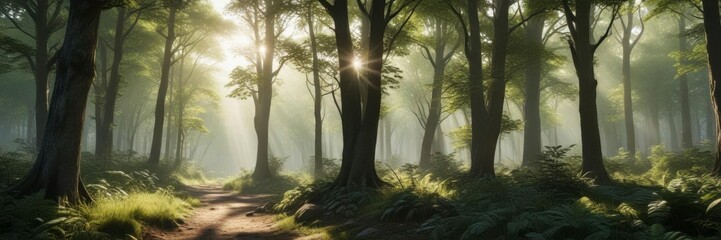 Lush forest with sunlight filtering through trees,  woodlands,  nature