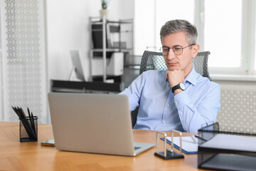 Middle aged man working with laptop at table in office