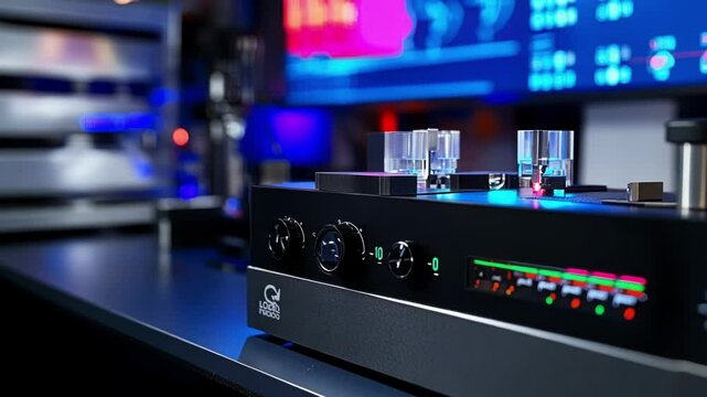 Closeup of an AIpowered spectrometer analyzing a liquid sample showcasing hightech dials and screens projecting realtime spectral data.
