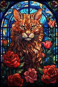 Cat in flowers with stained glass detailing and Gallifrey motifs