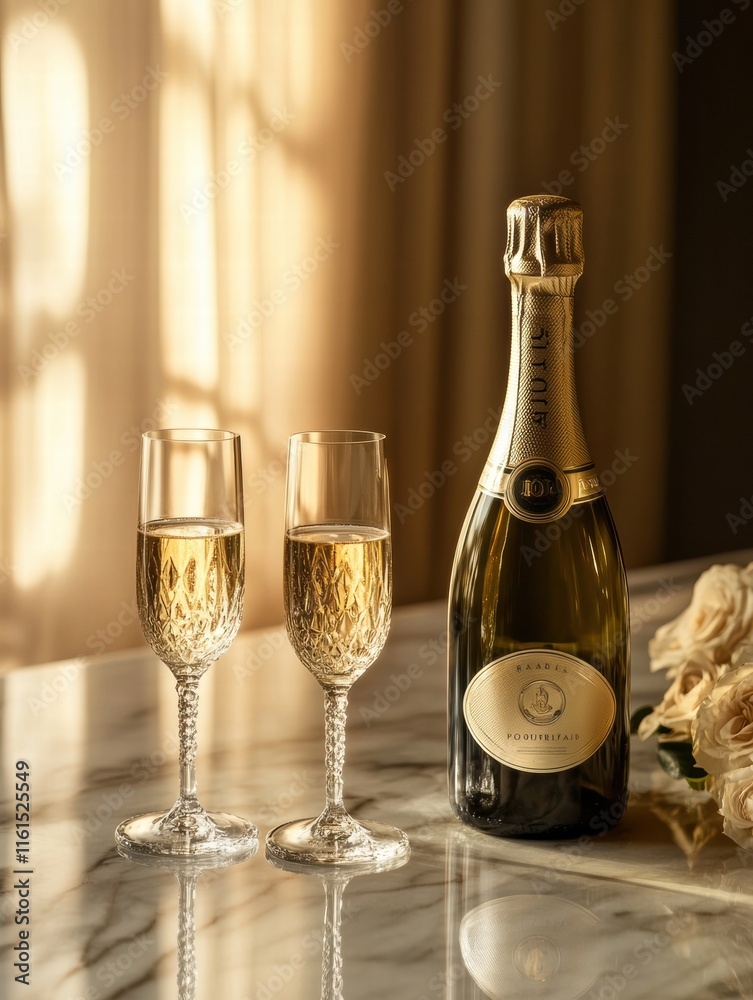 Poster premium champagne bottle with two crystal flutes on a marble table in soft afternoon light. generati
