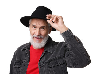 Portrait of bearded senior man in stylish hat on white background