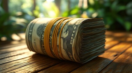 Fototapeta premium Rolled cash bundle on wooden table.