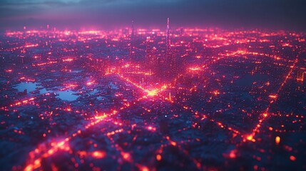 Obraz premium Cyberpunk city at night, glowing red lights.