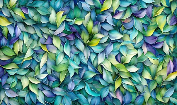 Abstract teal, green, and purple leaf pattern.