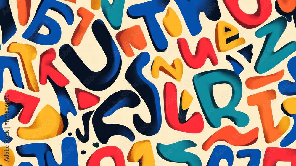 Aufkleber playful pattern of stylized alphabet featuring vibrant colors and creative shapes in a lively arrang