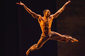 A male dancer mid-leap, arms outstretched gracefully.