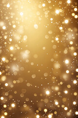 Gold dust particles flying in the air lingering slowly. Bokeh gold lights on yellow background. Christmas Holiday festive golden backdrop. Copy space